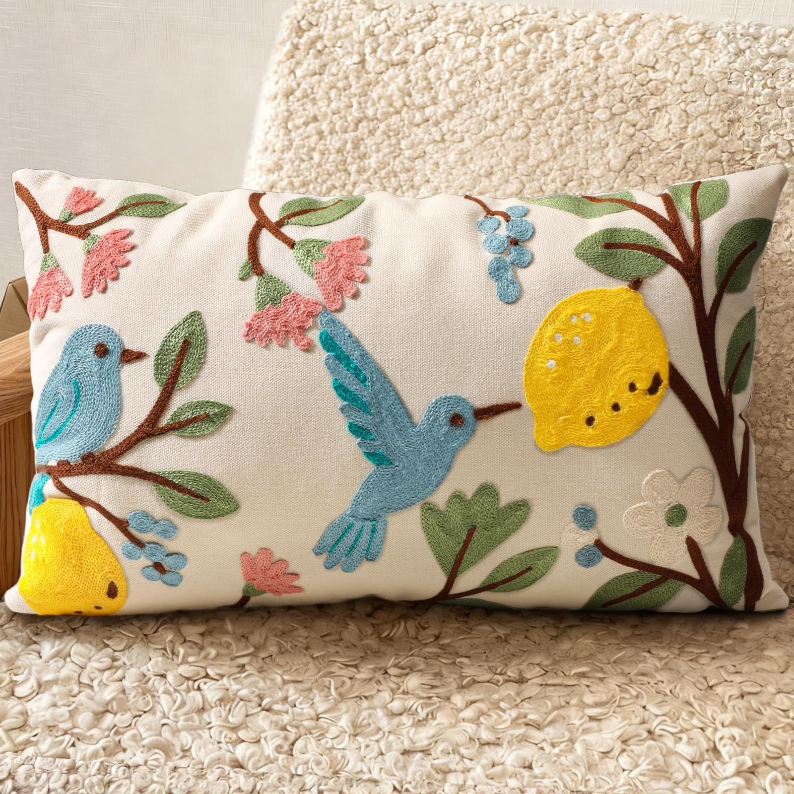 Bird Lemon birds, lemons, and branches embroidered pillow cover — image 1