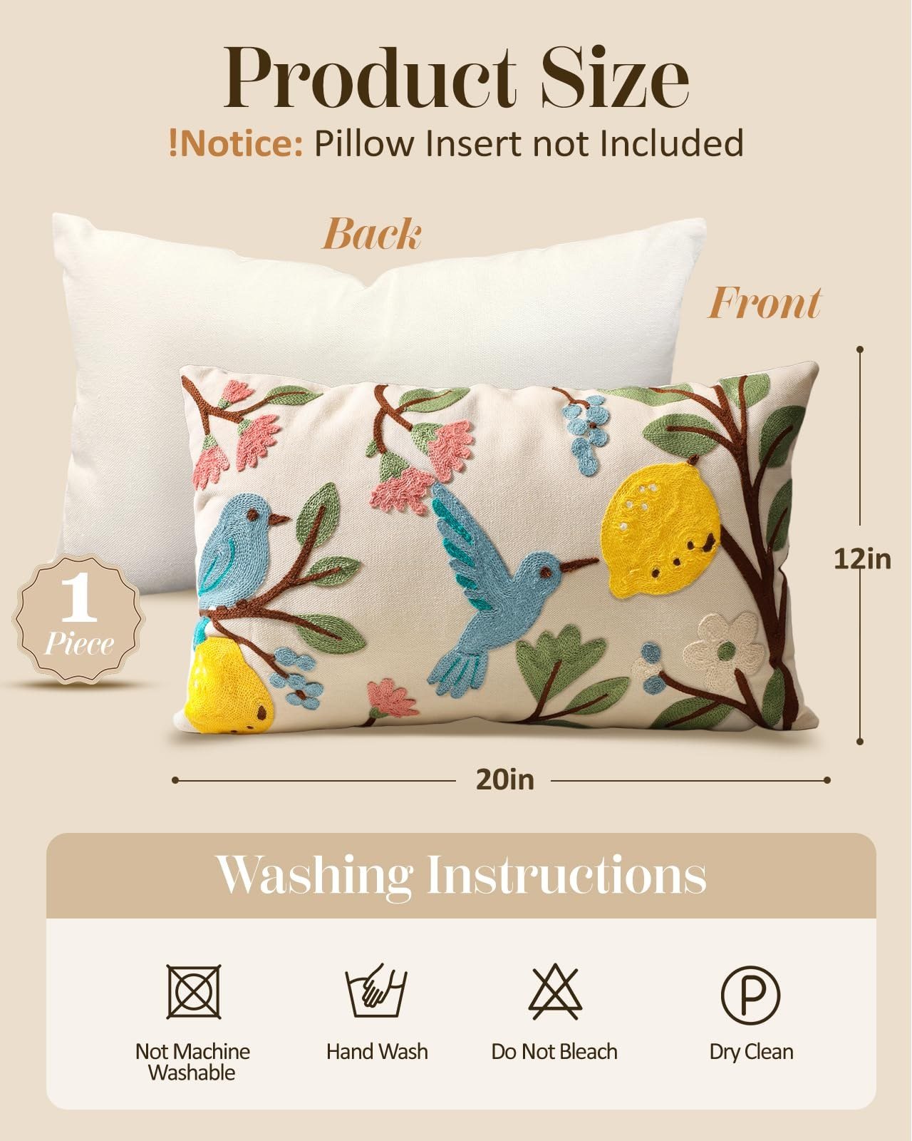 Bird Lemon birds, lemons, and branches embroidered pillow cover — image 4
