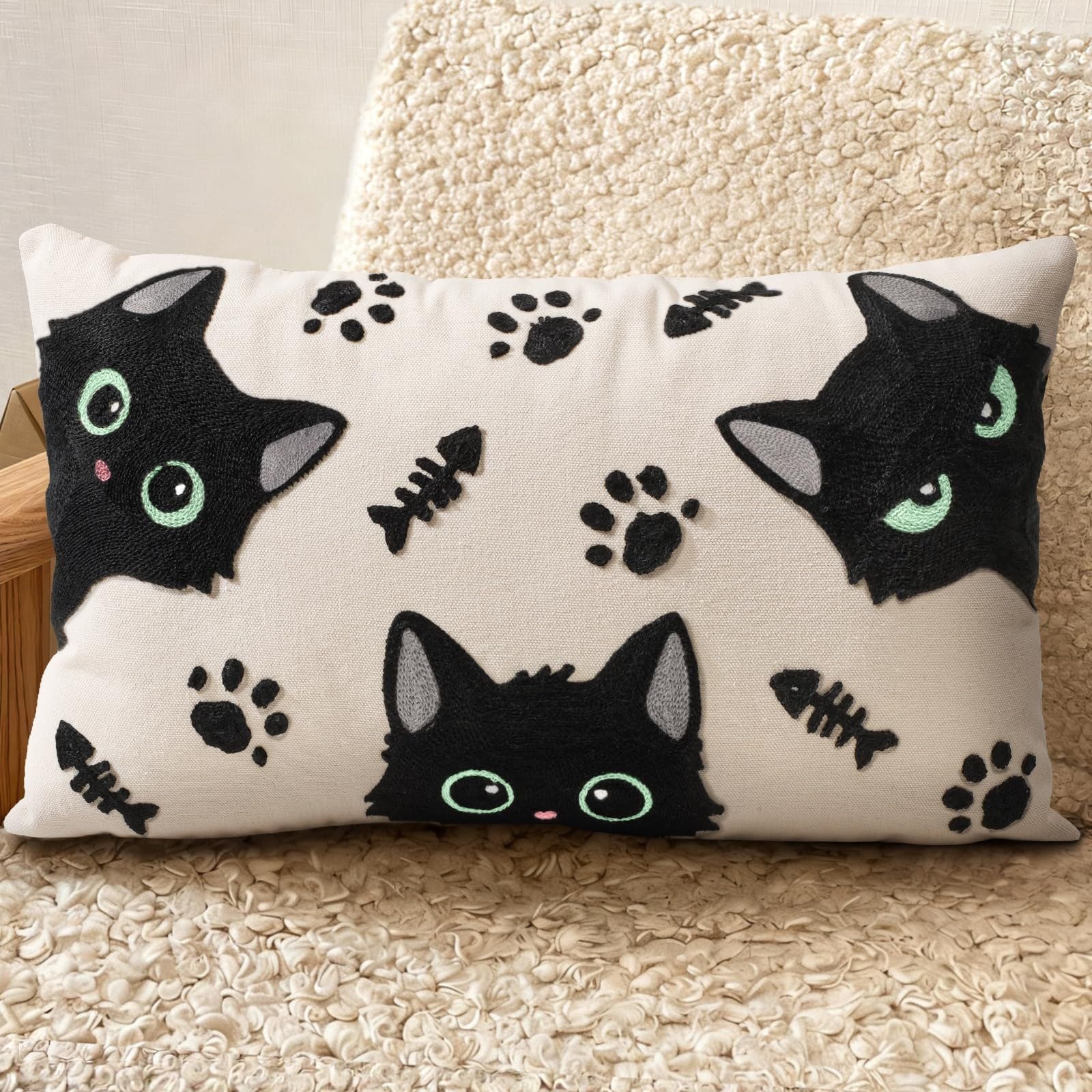 Cat Bone cats, paw prints, and fish bones embroidered pillow cover — image 1