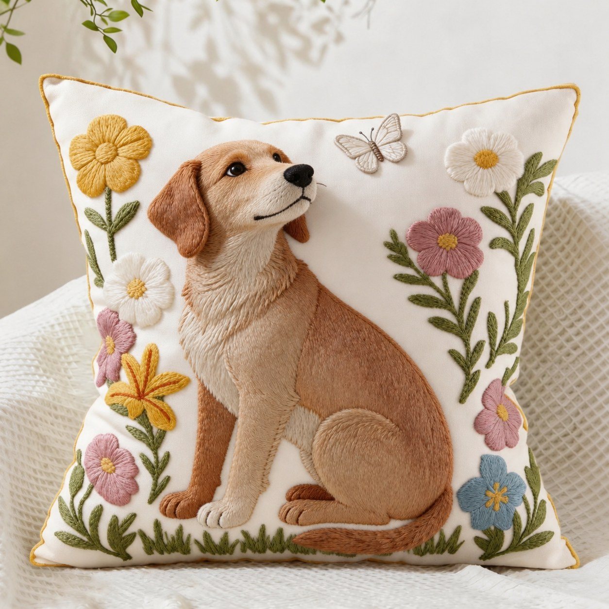 Floral Dog dog and floral embroidered pillow cover — image 1
