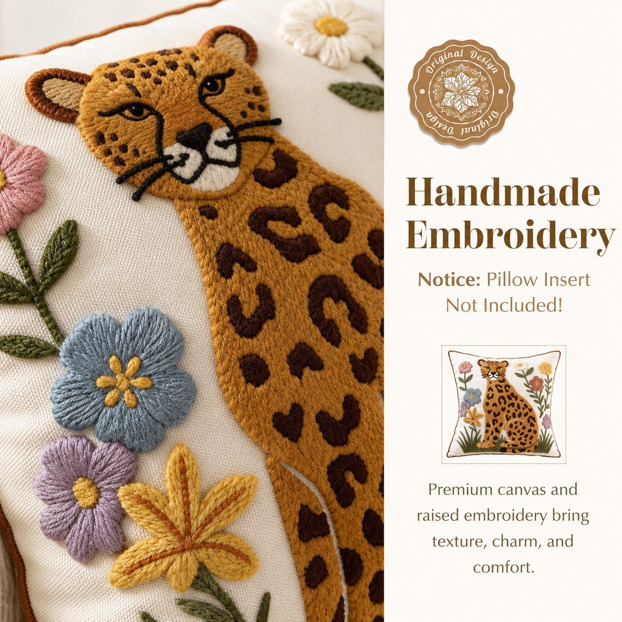 Floral Leopard animal and floral embroidered pillow cover — image 2