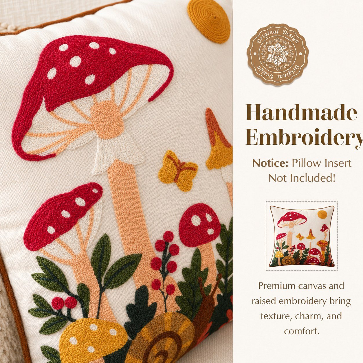 Mushroom Moon botanical mushroom embroidered pillow cover — image 2