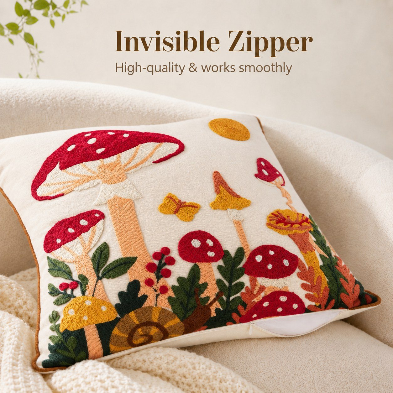 Mushroom Moon botanical mushroom embroidered pillow cover — image 3