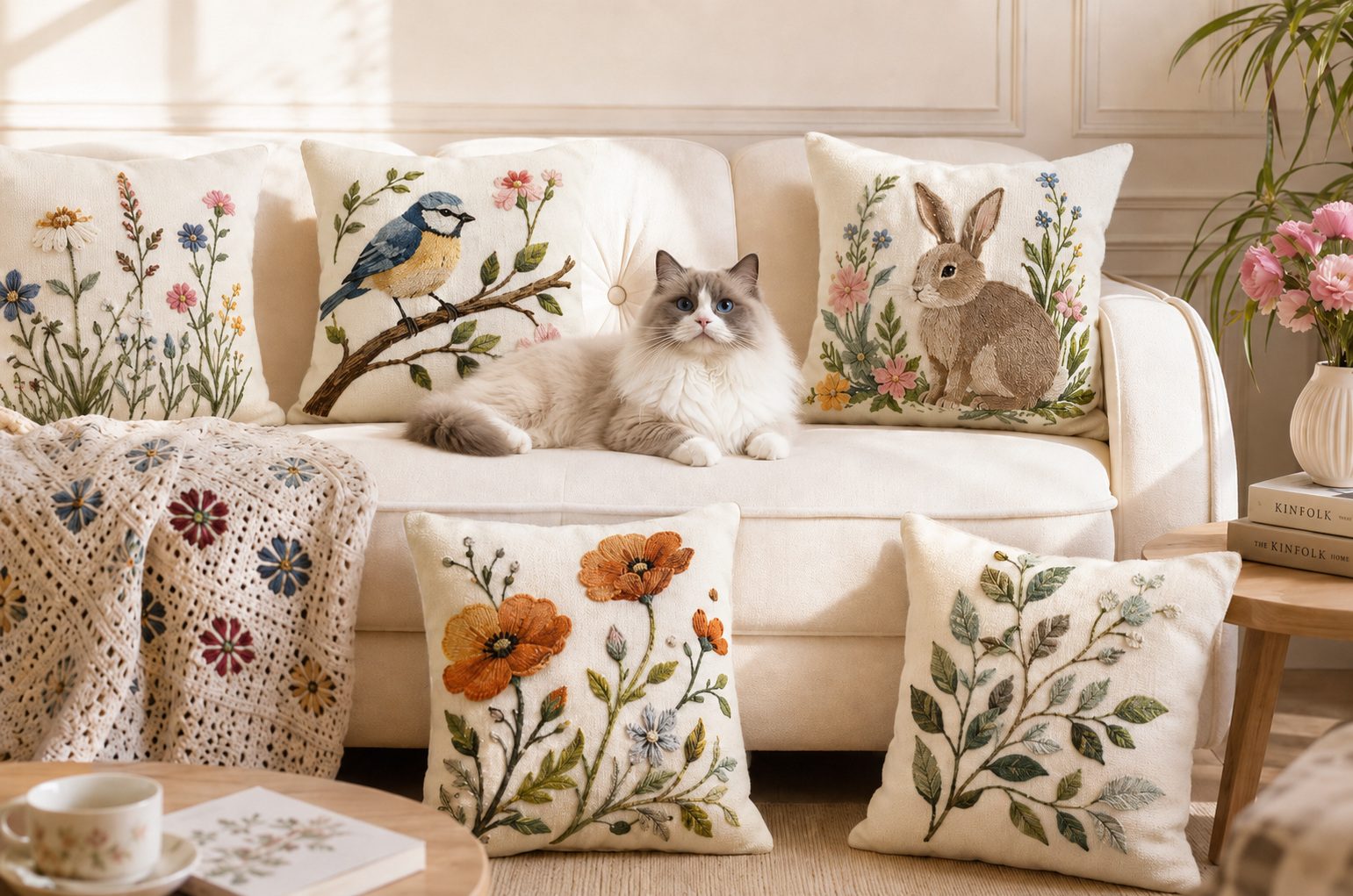 Embroidered pillow cover lifestyle scene